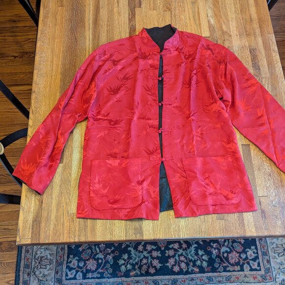 REVERSABLE Red and Black Silk Jacket w/ Knotted Closures and Pockets Size M - Picture 1 of 6
